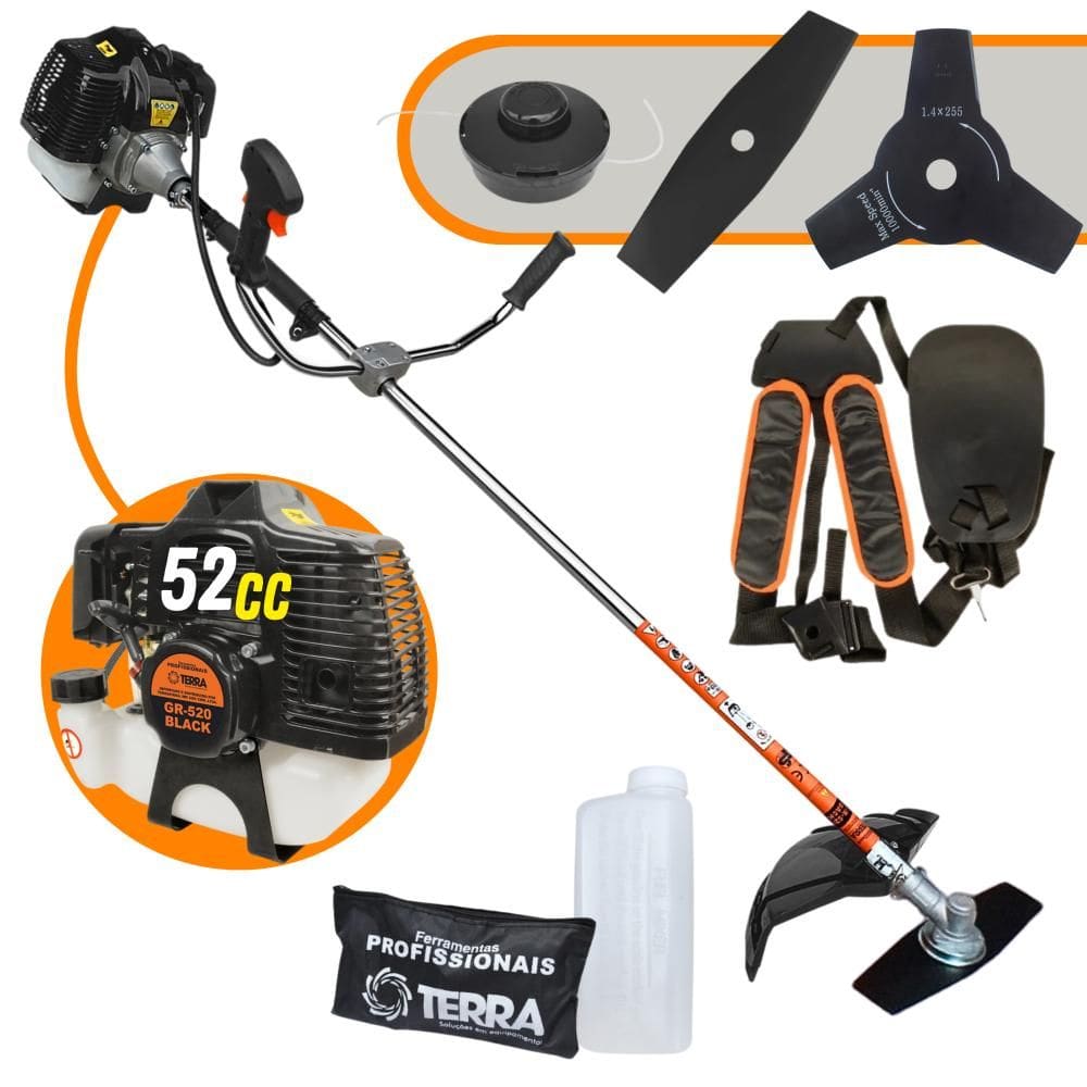 Roçadeira Completa Terra GRH-520 À Gasolina 2 Tempos 2,5HP de Potência 52cc 6.500rpm Com Carretel de Nylon + Faca 2 Pontas + Faca 3 Pontas 255MM