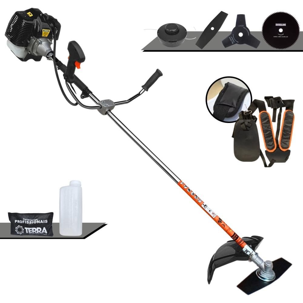 Roçadeira À Gasolina Completa Terra GRH520 Motor 2T 2,5HP 52cc 6.500rpm Com Carretel Nylon e Lâmina 2 Pontas + Kit Lâminas 3 Pontas e Disco 80 Dentes