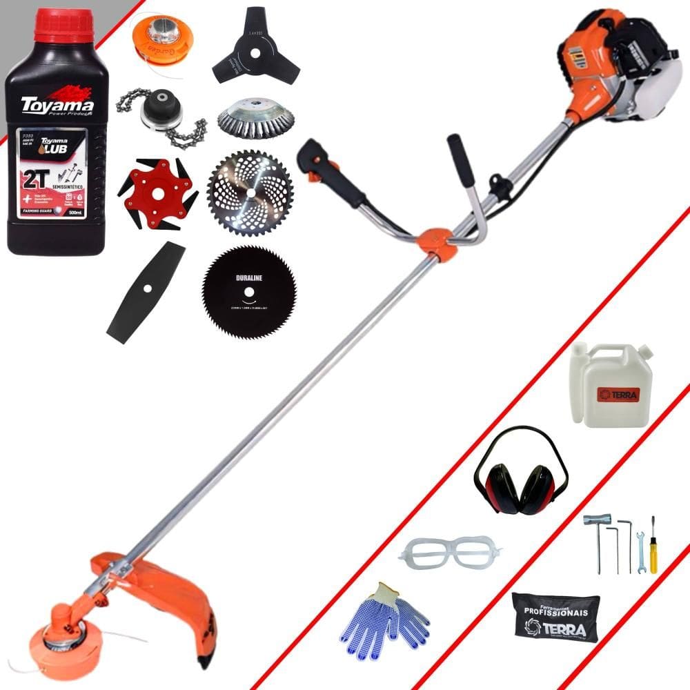 Roçadeira Terra GR520XP 52cc 2,5HP Com Carretel + Faca 2 Pontas, 3 Pontas, 6 Pontas, 40 Dentes, 80 Dentes, Trimmer e Escova + ÓLEO TOYAMA 2T + EPI
