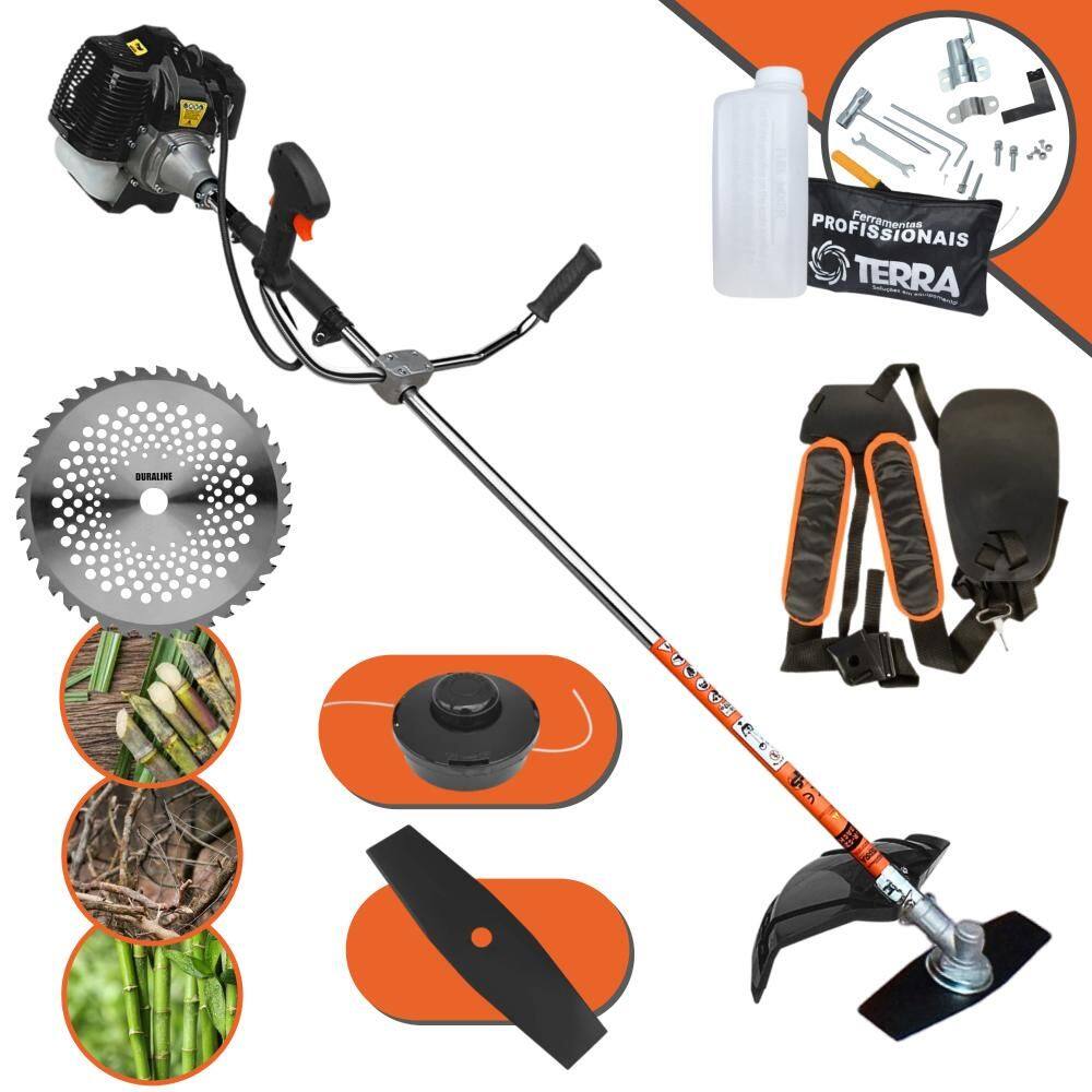 Roçadeira Terra GRH520 À Gasolina 52cc 2,5HP 6.500rpm Cortador de Grama Completo Com Carretel de Nylon + Lâmina 2 Pontas + Lâmina 40 Dentes de Vídea
