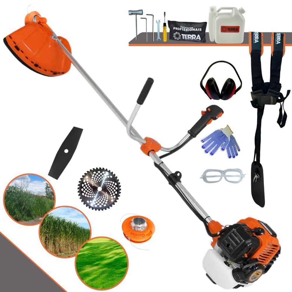 Roçadeira Robusta Terra GR520XP À Gasolina 52cc 2T 2,5HP de Potência 6.500rpm Com Carretel de Nylon + Lâmina 40 Dentes Vídea + Lâmina 2 Pontas + EPI