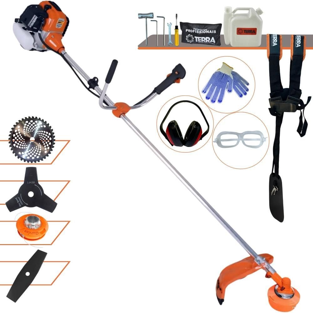 Roçadeira Máquina de Corta Grama À Gasolina Terra GR520-XP 2T 52cc 2,5HP 6.500rpm + Lâmina Facão + Lâmina 3 Pontas + Lâmina 40 Dentes + Carretel + EPI