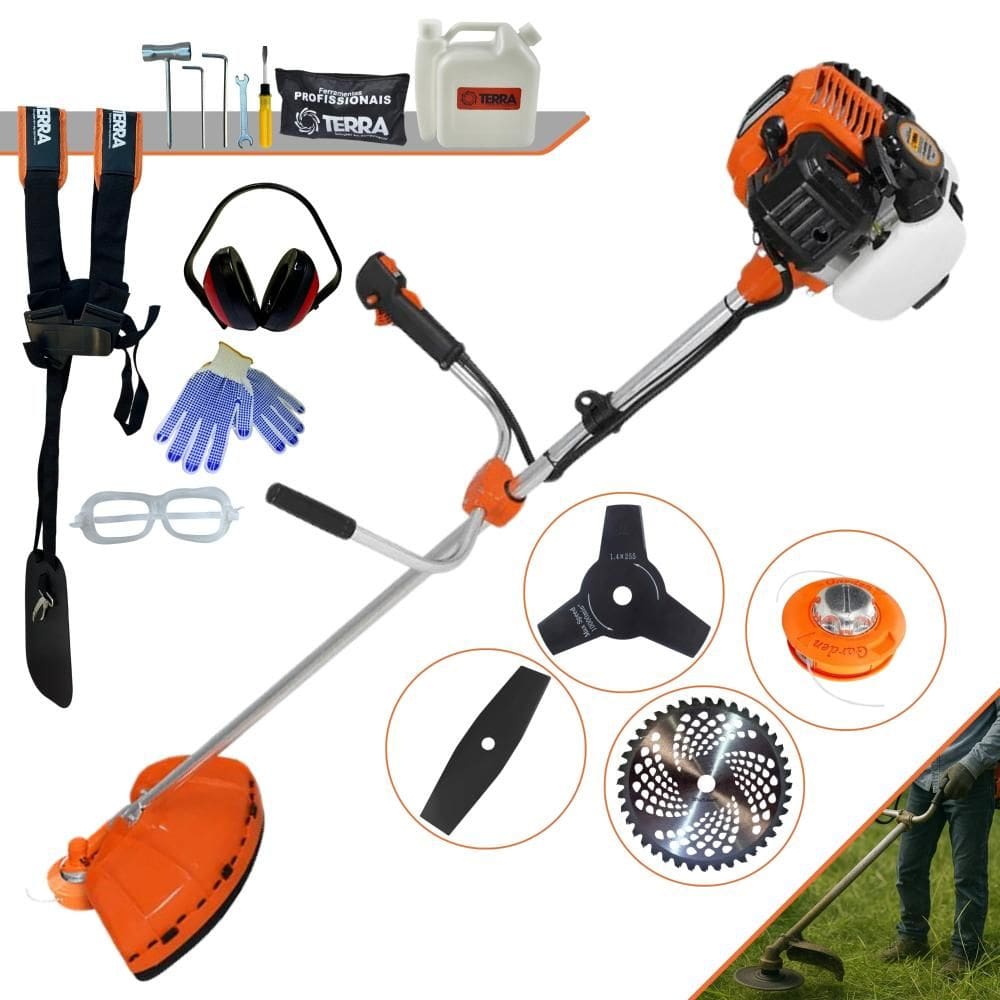 Roçadeira Profissional Terra GR520XP À Gasolina 52cc 2,5HP 4 Em 1 Com Carretel + Lâmina 2 Pontas + Lâmina 3 Pontas + Lâmina 40 Dentes de Vídea + EPI