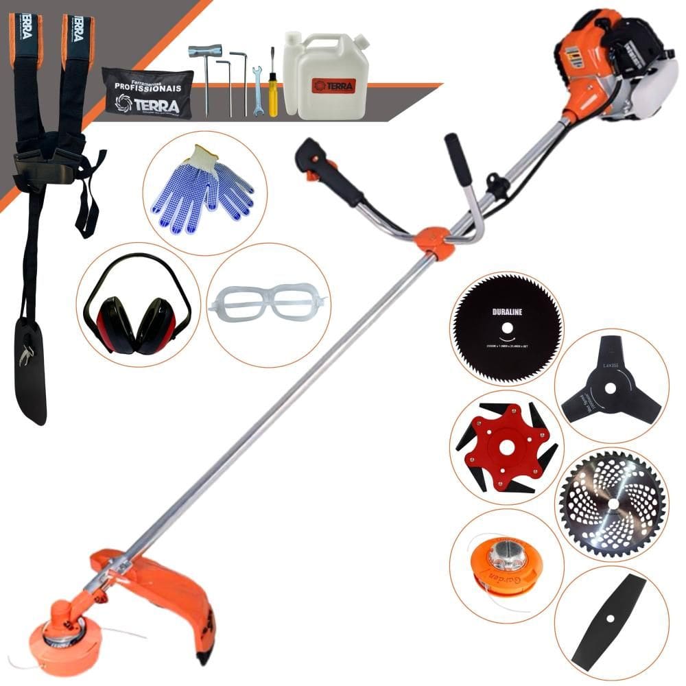 Roçadeira À Gasolina Terra GR520XP 52cc 2T 2,5HP Com Carretel + Faca 2 Pontas + Faca 3 Pontas + Faca 6 Pontas + Faca 40 Dentes + Faca 80 Dentes + EPI