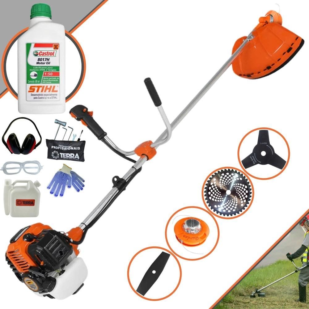Roçadeira Terra GR520XP À Gasolina 52cc 2,5HP Cortador de Grama Com Faca 2 Pontas + Faca 3 Pontas + Faca 40 Dentes + Carretel + ÓLEO STIHL 2T + EPI