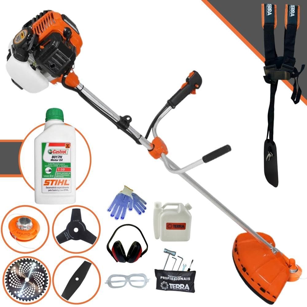 Roçadeira Máquina de Corta Grama Terra GR520XP À Gasolina 52cc 2,5HP 6.500rpm Multifuncional Completa Com 4 Opções de Cortes + ÓLEO STIHL 2T + EPI