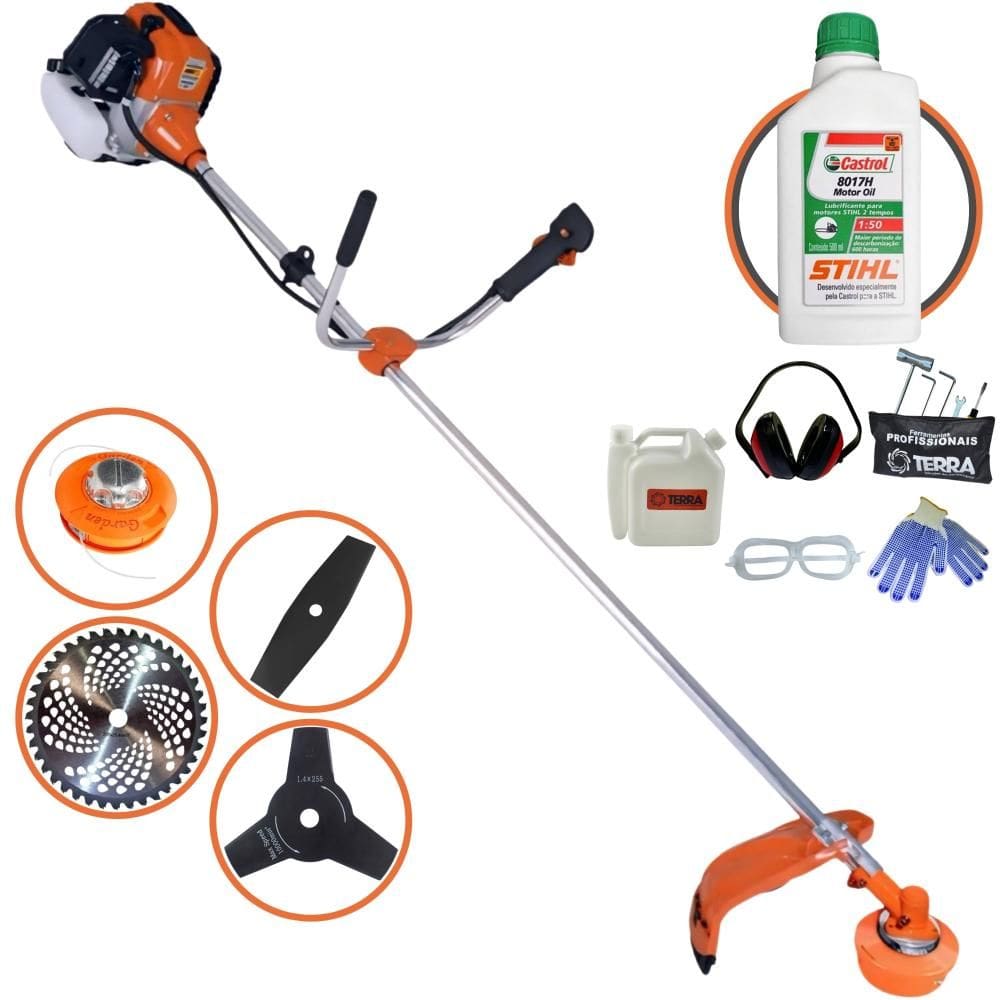Roçadeira Robusta Terra GR520XP À Gasolina 52cc 2,5HP 6.500rpm Com Carretel + Faca 2 Pontas + Faca 3 Pontas + Faca 40 Dentes Vídea + ÓLEO STIHL + EPI