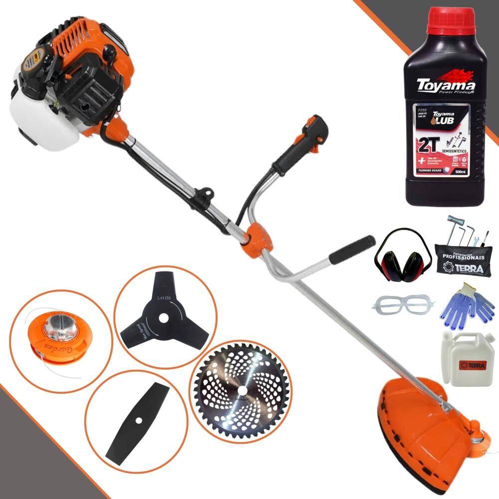 Roçadeira Robusta Terra GR520XP À Gasolina 52cc 2,5HP 6.500rpm Com Carretel + Faca 2 Pontas + Faca 3 Pontas + Faca 40 Dentes Vídea + ÓLEO TOYAMA + EPI