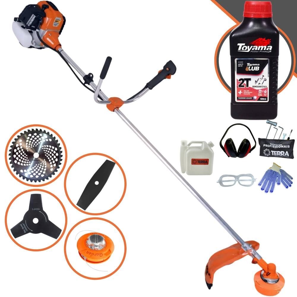 Roçadeira Terra GR520XP 52cc 2,5HP Máquina de Corta Grama C/ Carretel + Lâmina Facão + Lâmina 3 Pontas + Lâmina 40 Dentes Vídea + ÓLEO TOYAMA 2T + EPI