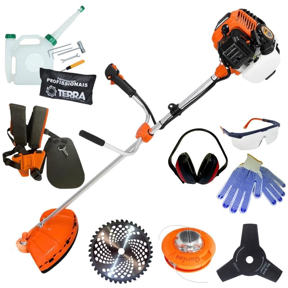 Roçadeira Profissional À Gasolina Terra GR520XP 52cc 2T 2,5HP Alta Rotação Com 3 Opções de Corte Carretel de Nylon + Facas 40 Dentes + 3 Pontas + EPI