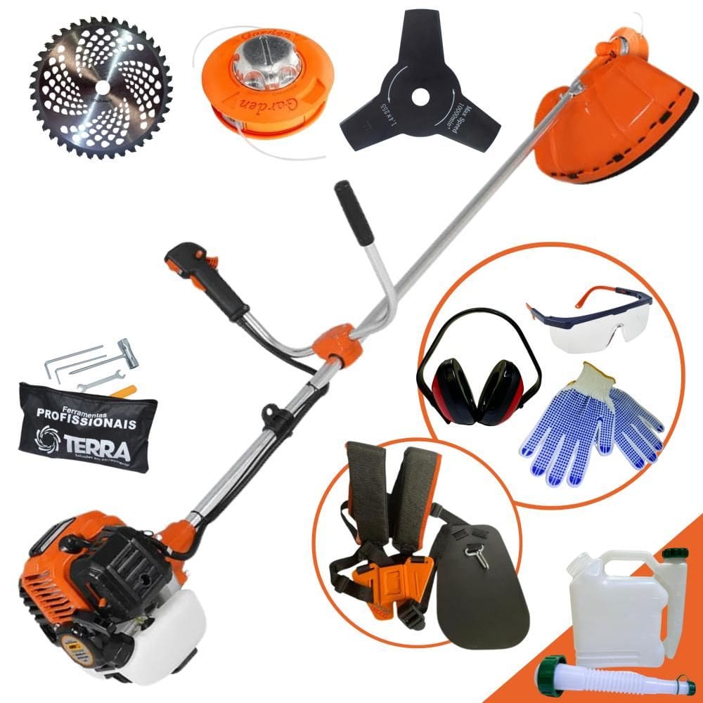 Roçadeira Terra GR520-XP À Gasolina 52cc 2,5HP 6.500rpm Máquina de Corta Grama Com Carretel de Nylon + Lâmina 40 Dentes Vídea + Lâmina 3 Pontas + EPI
