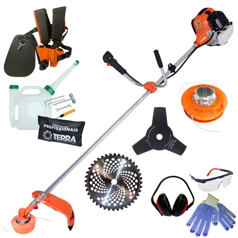 Roçadeira Multifuncional À Gasolina Terra GR520-XP 52cc 2,5HP 2T Alta Rotação Com Carretel de Nylon + Faca 40 Dentes Vídea + Faca 3 Pontas 255MM + EPI