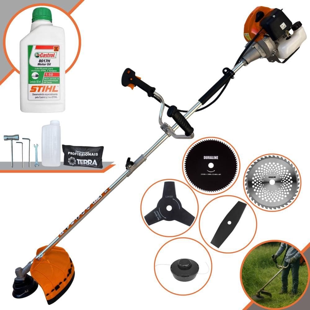 Roçadeira Robusta Terra GRHB430 Bi-Partida À Gasolina 43cc Com Carretel + Faca 2 Pontas + Faca 3 Pontas + Faca 40 Dentes + Faca 80 Dentes + ÓLEO STIHL