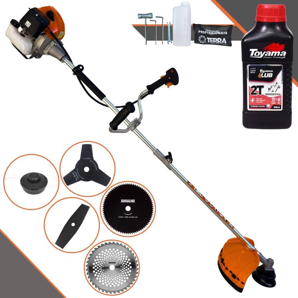 Roçadeira Terra GRHB430 Bi-Partida 43cc 1,7HP Com Faca 2 Pontas + Faca 3 Pontas + Faca 40 Dentes + Faca 80 Dentes + Carretel de Nylon + ÓLEO TOYAMA 2T