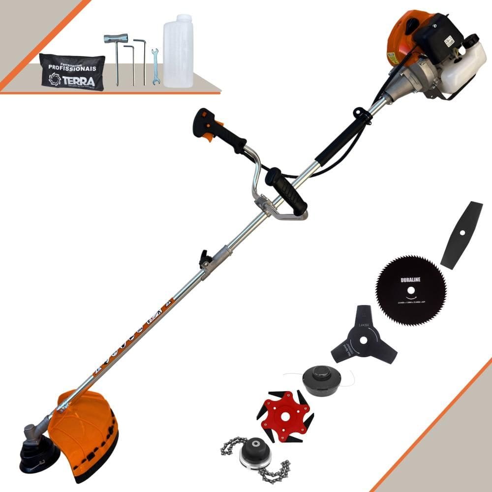 Roçadeira Cortador de Grama Terra GRHB-430 Bipartida À Gasolina 2T 43cc 12.000rpm + Lâmina 3 Pontas, Lâmina 6 Pontas, Lâmina 80 Dentes e Trimmer