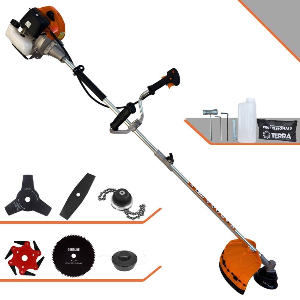 Roçadeira À Gasolina Terra GRHB-430 Bipartida 43cc 1,7HP Com Carretel + Lâmina Facão + Lâmina 3 Pontas + Lâmina 6 Pontas + Lâmina 80 Dentes + Trimmer
