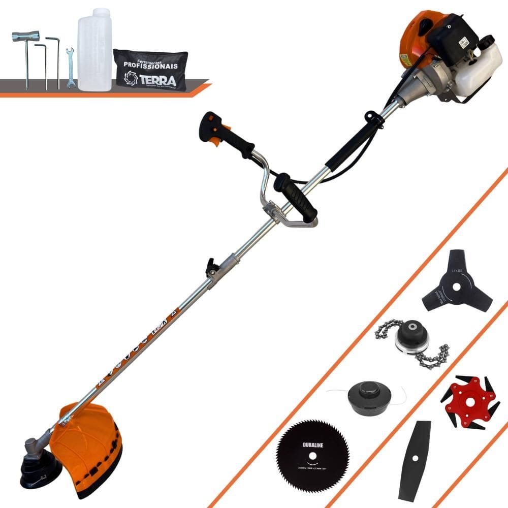 Roçadeira Profissional Terra GRHB-430 Bipartida À Gasolina 43cc 1,7HP Com Carretel Nylon + Facas 2 Pontas + 3 Pontas + 6 Pontas + 80 Dentes + Trimmer