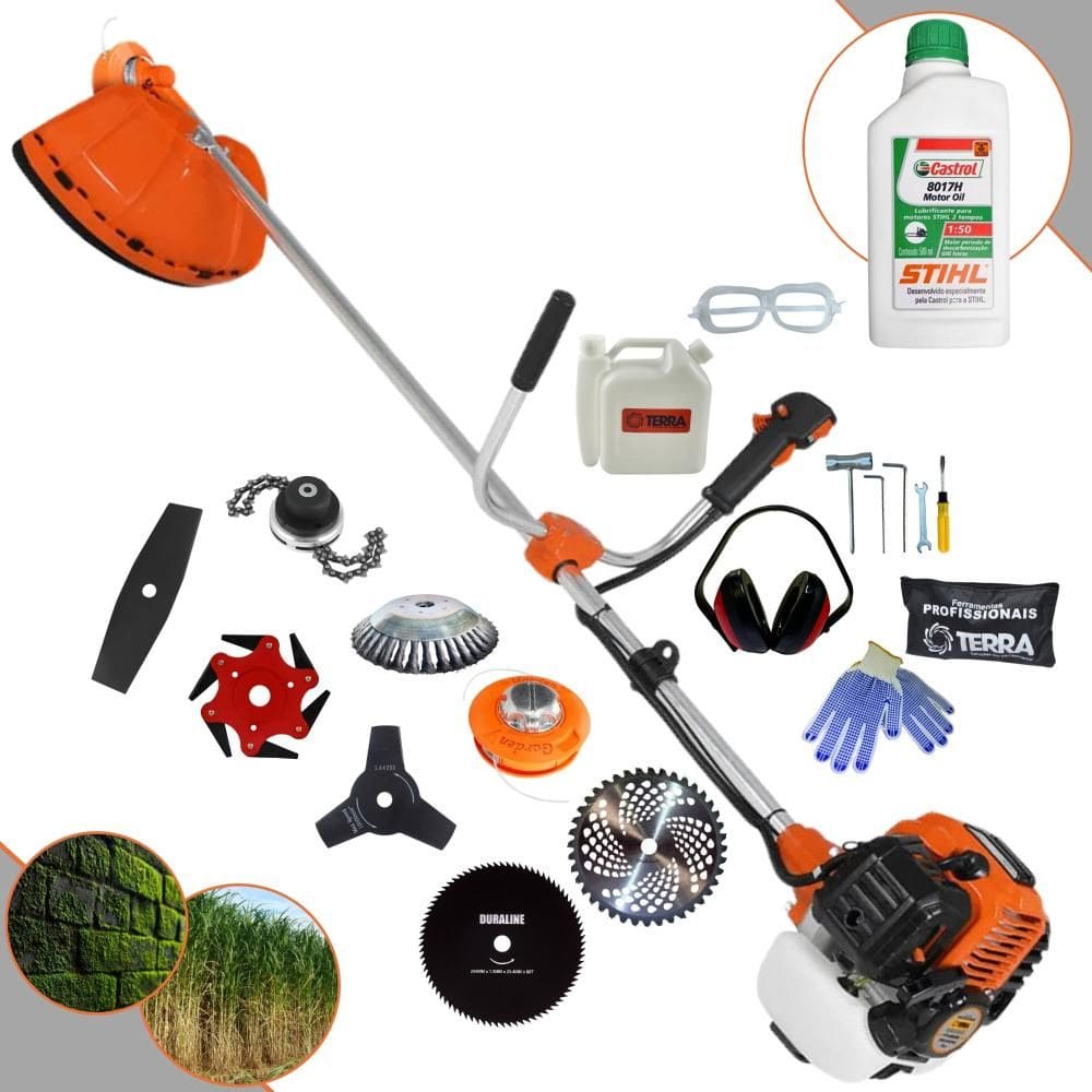 Cortador de Grama Completa À Gasolina Terra GR520XP 52cc 2,5HP Alta Performance Com Carretel de Nylon + Kit 7 Opções de Corte + ÓLEO STIHL 2T + EPI