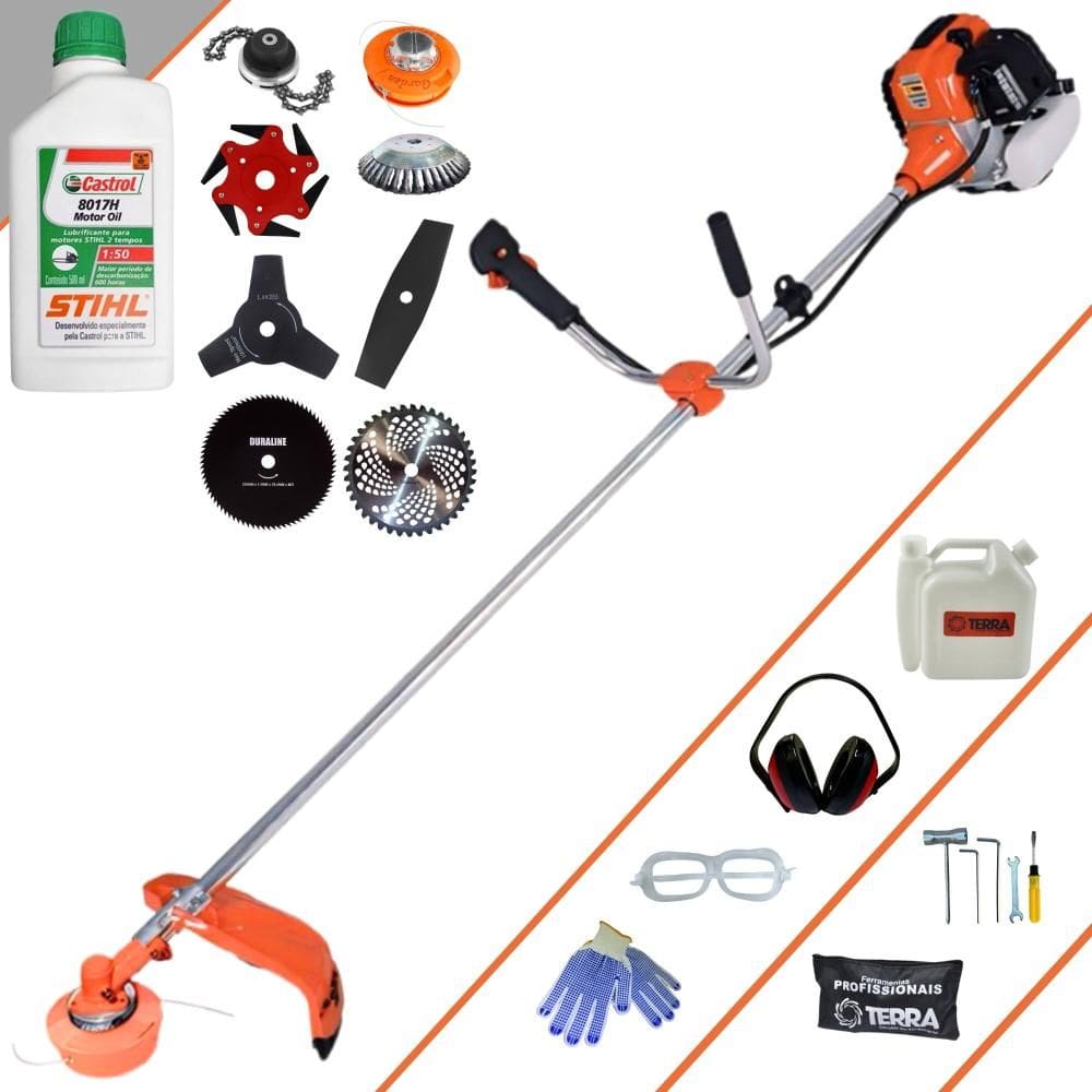 Roçadeira Terra GR520XP 52cc 2,5HP Com Carretel + Facas 2 Pontas, 3 Pontas, 6 Pontas, 40 Dentes, 80 Dentes, Trimmer, Escova + ÓLEO STIHL 8017 2T + EPI