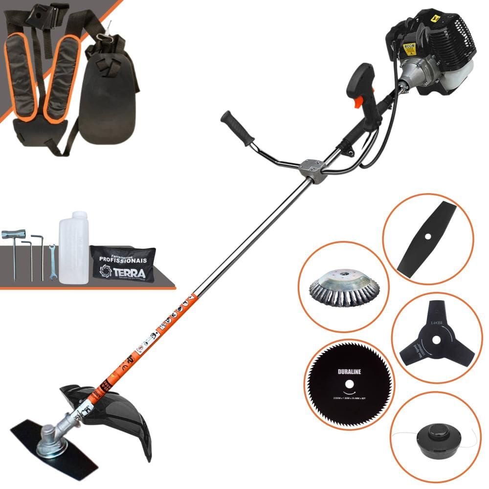 Roçadeira Terra GRH-520 À Gasolina 2T 52cc 2,5HP Completa Com Carretel de Nylon + Faca 2 Pontas + Faca 3 Pontas + Faca 80 Dentes + Escova de Aço