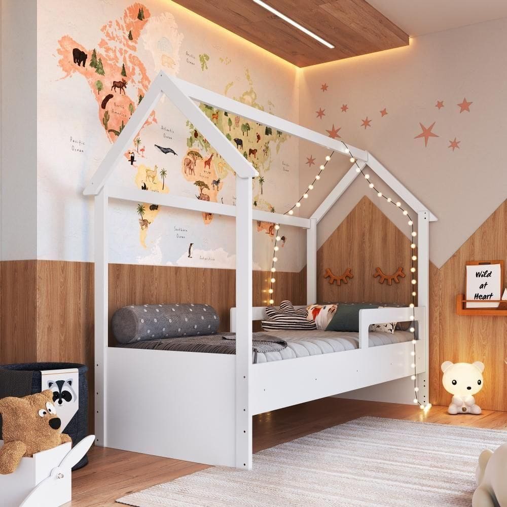 Cama Infantil Montessoriana Casinha Menino Menina Solteiro Com Proteção Lateral Branco