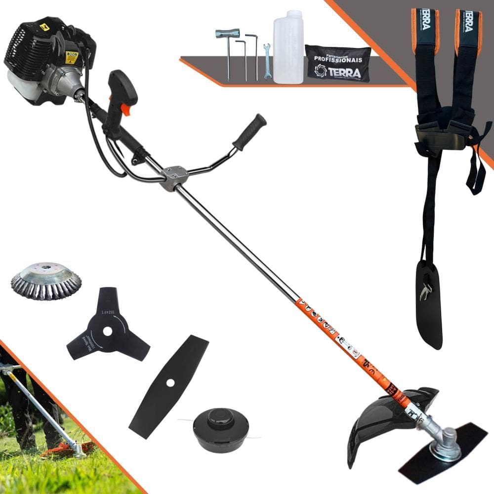 Roçadeira Terra GRH520 À Gasolina 52cc 2,5HP Multifuncional Com Carretel de Nylon + Faca 2 Pontas + Faca 3 Pontas + Escova de Aço Rotativa 38 Cerdas