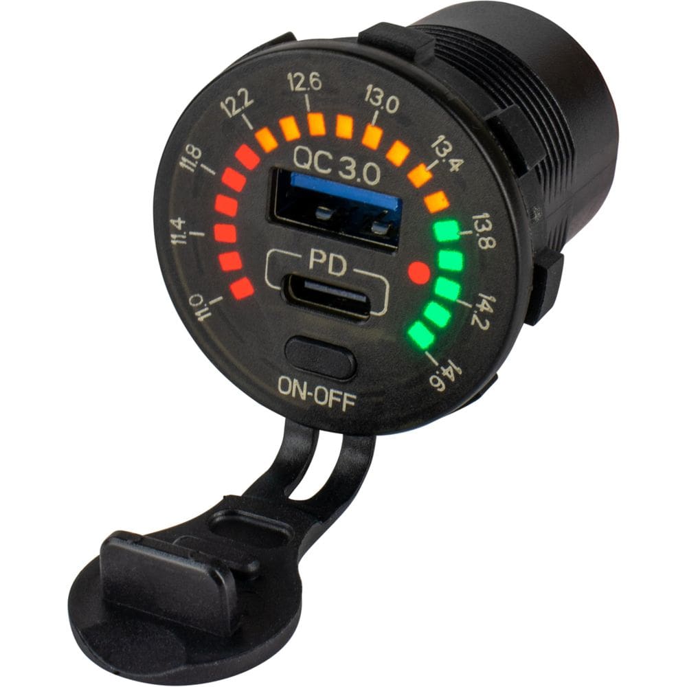 Voltímetro redondo Sea-Dog Rainbow com soquete USB e USB-C
