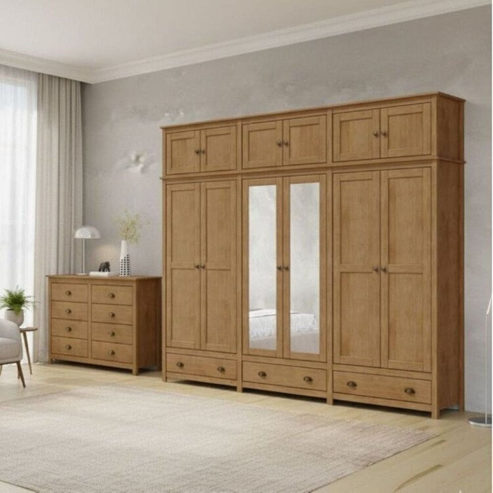 Conjunto Guarda-Roupa 12 Portas e Cômoda 8 Gavetas 100% Madeira Maciça - Topázio Finestra Móveis Freijó