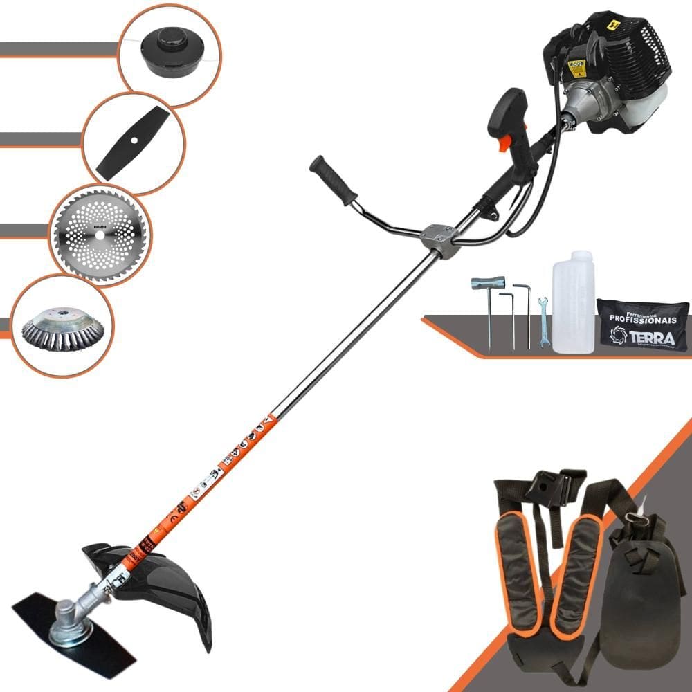 Roçadeira Terra GRH520 À Gasolina 52cc 2,5HP 6.500rpm Alta Performance Com Carretel de Nylon + Faca 2 Pontas + Faca 40 Dentes de Vídea + Escova de Aço