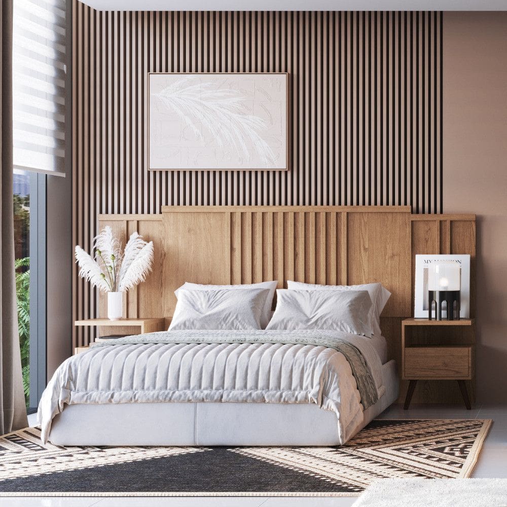 Cabeceira Casal Extensível Ripada com 2 Mesas de Cabeceira Flora Móveis Castro