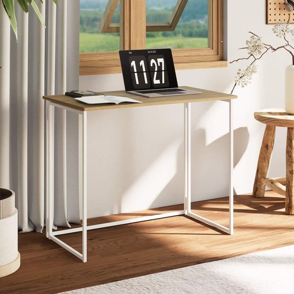 Escrivaninha Mesa Dobrável Office e Estudo 90cm Pés Metal Industrial Executive Macadâmia com Branco