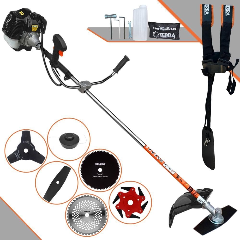 Roçadeira Terra GRH520 À Gasolina 2,5HP 52cc Com Carretel + Faca 2 Pontas + Faca 3 Pontas + Faca 6 Pontas + Faca 40 Dentes de Vídea + Faca 80 Dentes