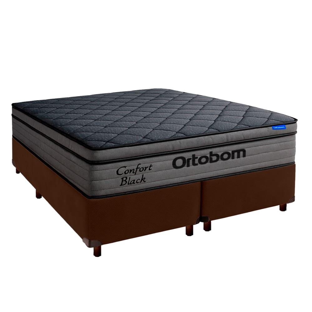 Cama Box Marrom + Colchão King Confort Black Espuma Soft Gel Ortobom