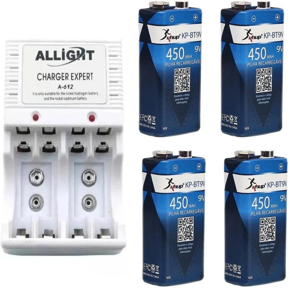 Kit Carregador De Pilhas/Bateria + 4 Baterias 9V Recarregaveis