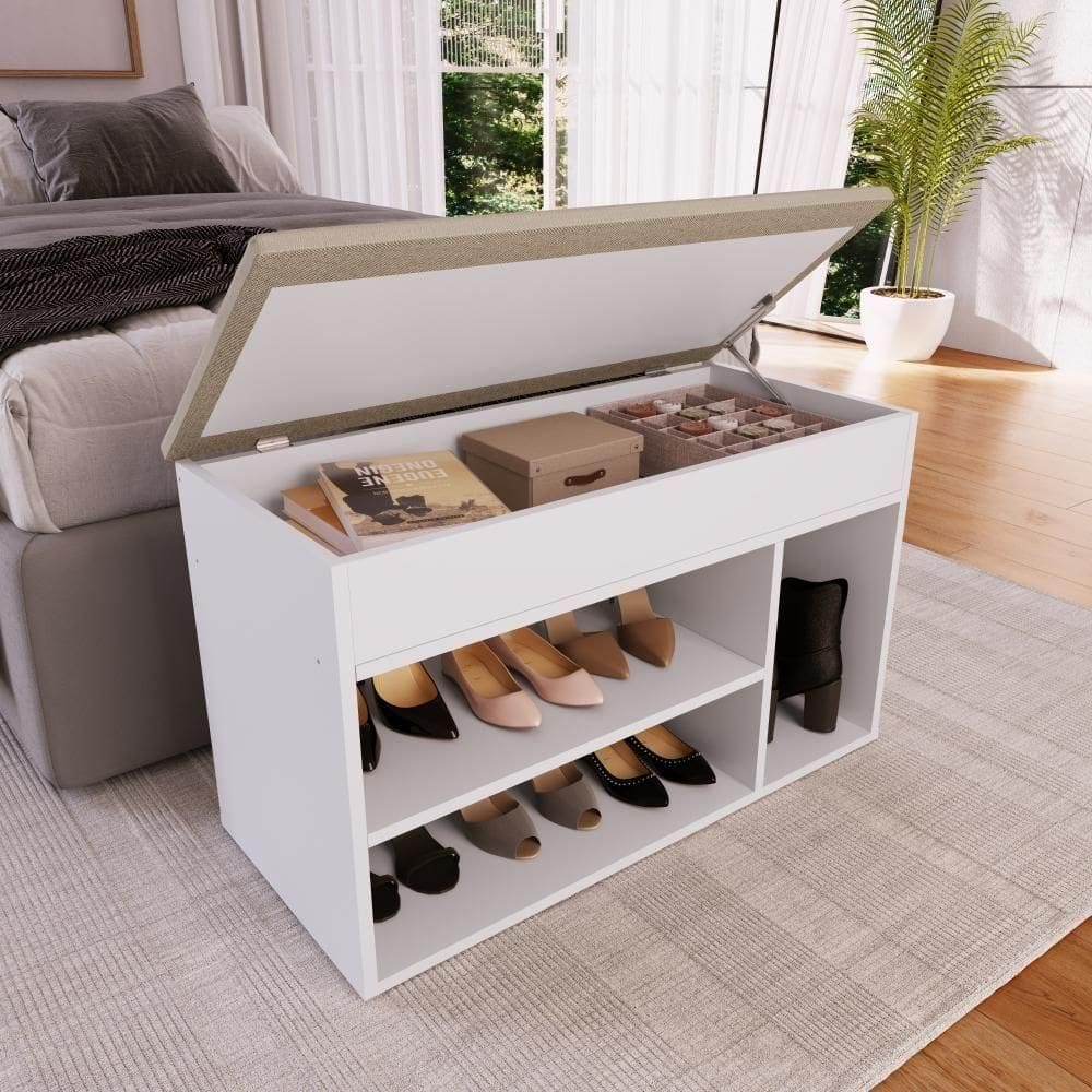 Sapateira Banco Baú Organizador 81cm 7 Pares Com Tampo Estofado Branco