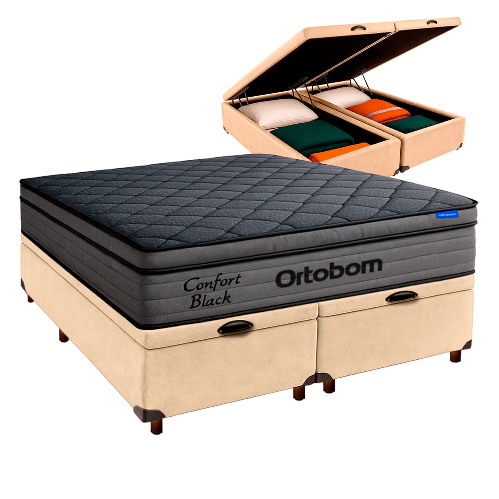 Cama Box Bau Perola + Colchão Queen Confort Black Espuma Soft Gel Ortobom