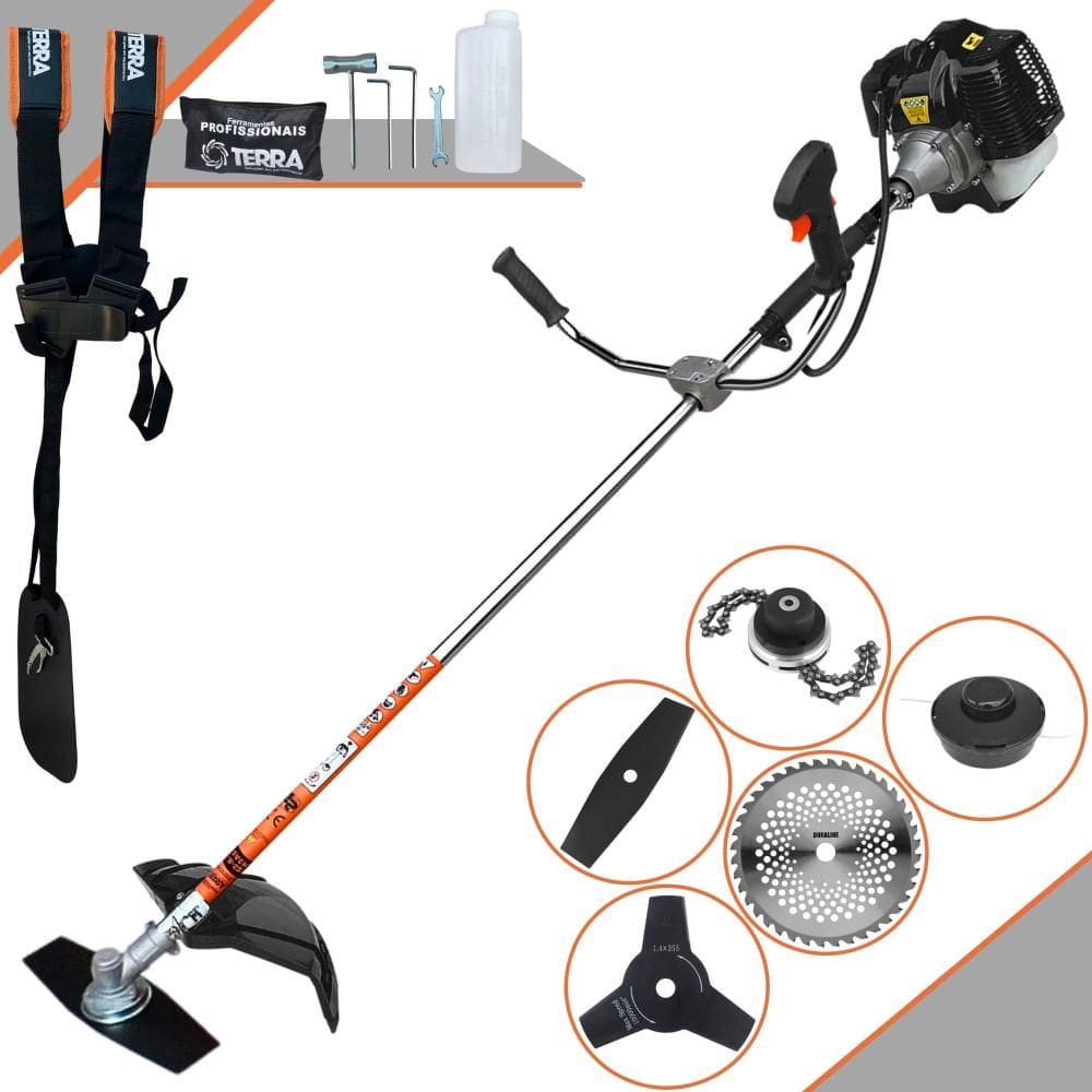 Podador de Grama À Gasolina Terra GRH-520 52cc 2,5HP 6.500rpm Completa Com Carretel + Faca 2 Pontas + Faca 3 Pontas + Faca 40 Dentes Vídea + Trimmer