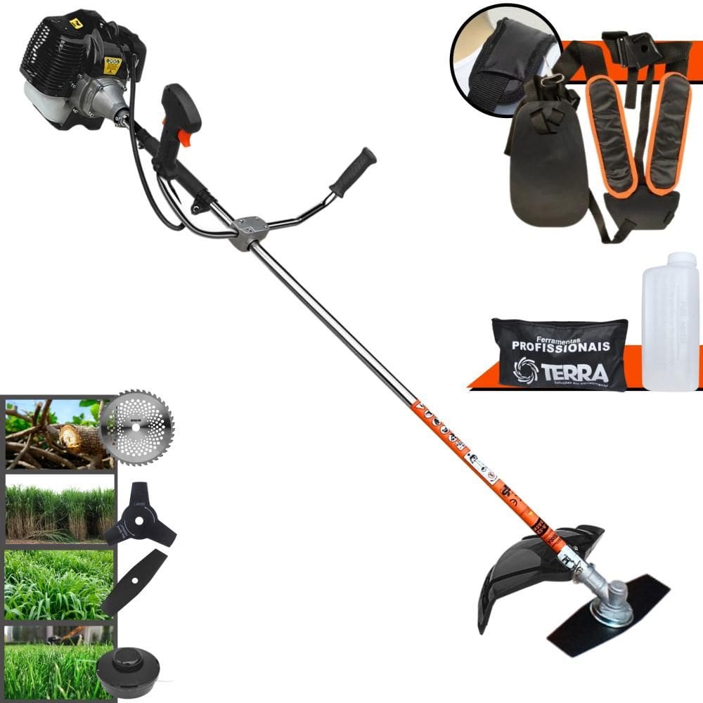 Roçadeira Máquina de Corta Grama À Gasolina Terra GRH-520 2T 52cc 2,5HP 6.500rpm + Lâmina Facão + Lâmina 3 Pontas + Lâmina 40 Dentes + Carretel Nylon