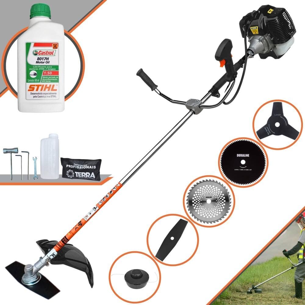 Roçadeira Robusta Terra GRH520 À Gasolina 52cc Com Carretel + Faca 2 Pontas + Faca 3 Pontas + Faca 40 Dentes de Vídea + Faca 80 Dentes + ÓLEO STIHL 2T