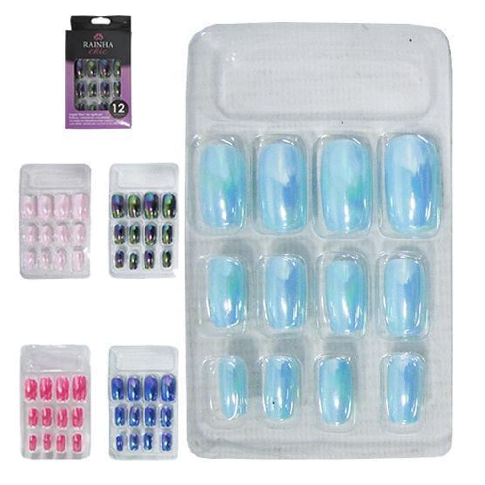 Kit Unha Postica Cromada Color Mao Rainha Chic 12 Peca Caixa