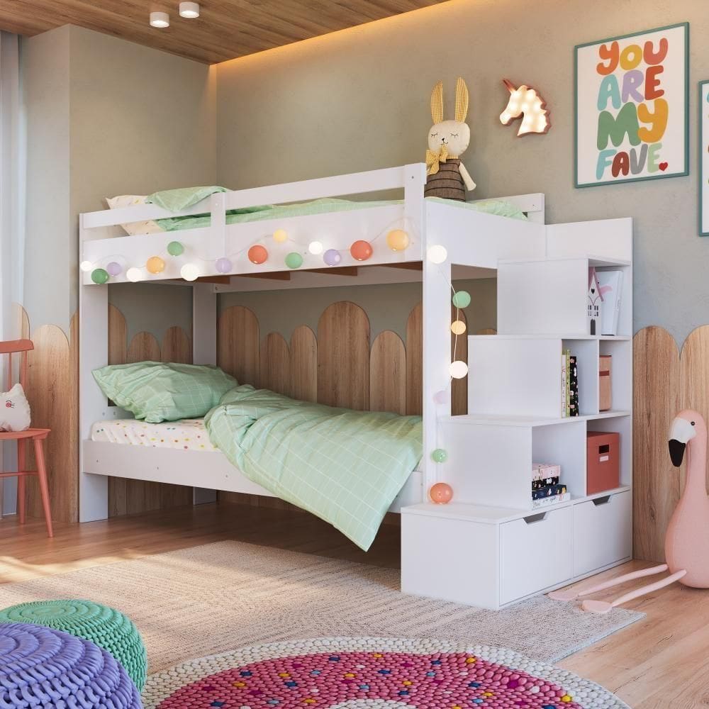 Cama Beliche Infantil Bicama Menino Menina 2,32m Com Escada, Nichos E Gavetas Branco