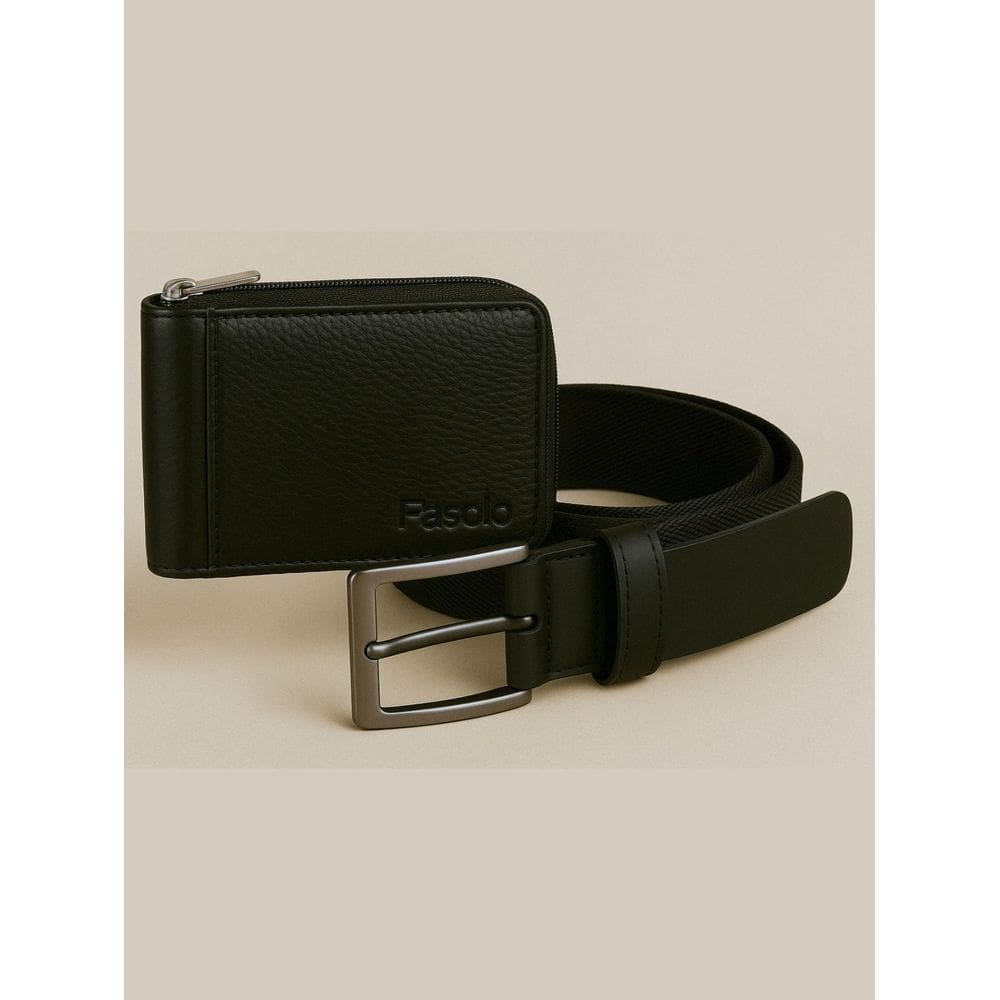 Kit Masculino Fasolo Carteira Zíper E Cinto Couro Preto 100