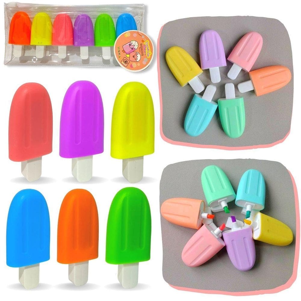 Marca Texto Picolé 6 Cores Pasteis Caneta Escolar