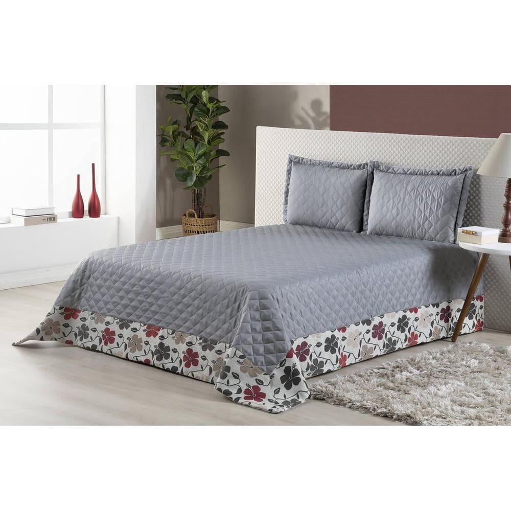 Colcha Vitória Queen Cinza 3 Pçs Babado Com Ótimo Acabamento