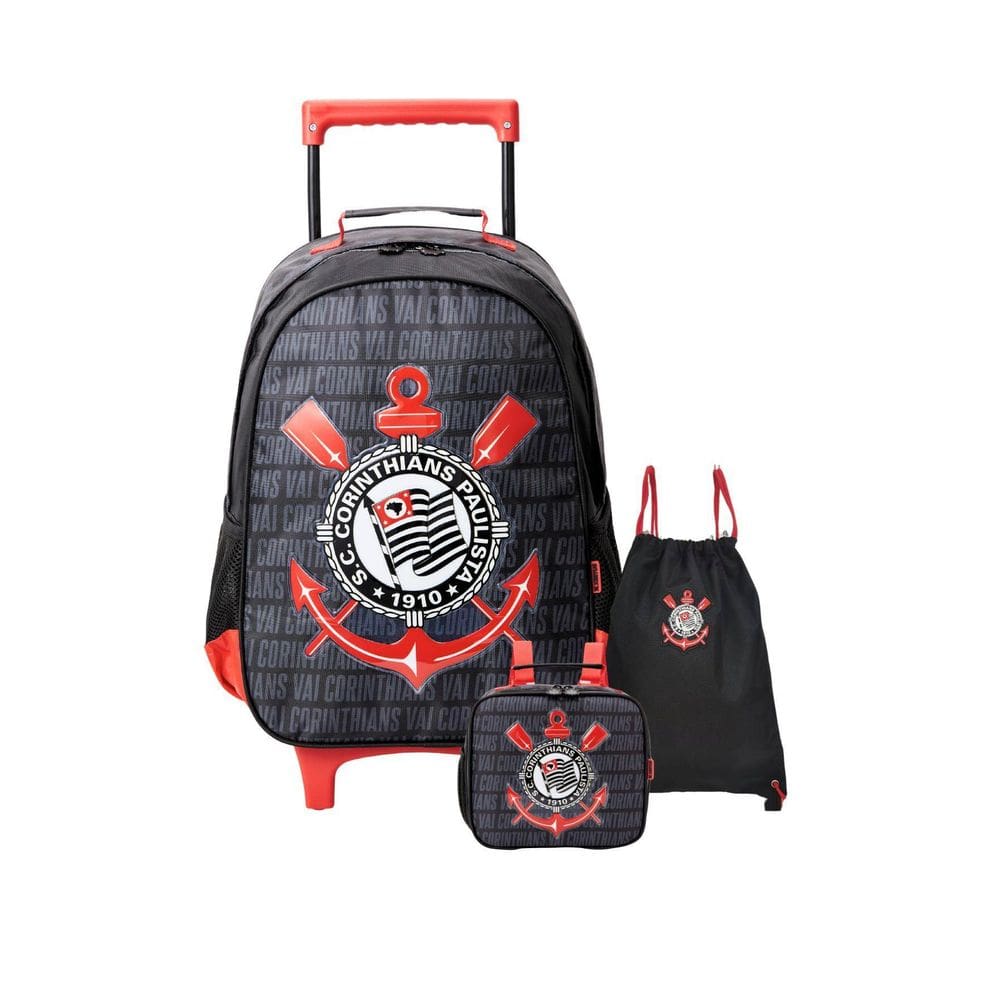 Kit Escolar Mochila Rodas+Lancheira+Mochila Saco Corinthians