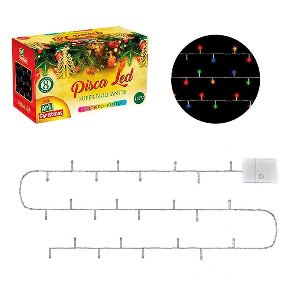 Pisca Pisca 100 Leds Colorido - Fio Branco - 8m
