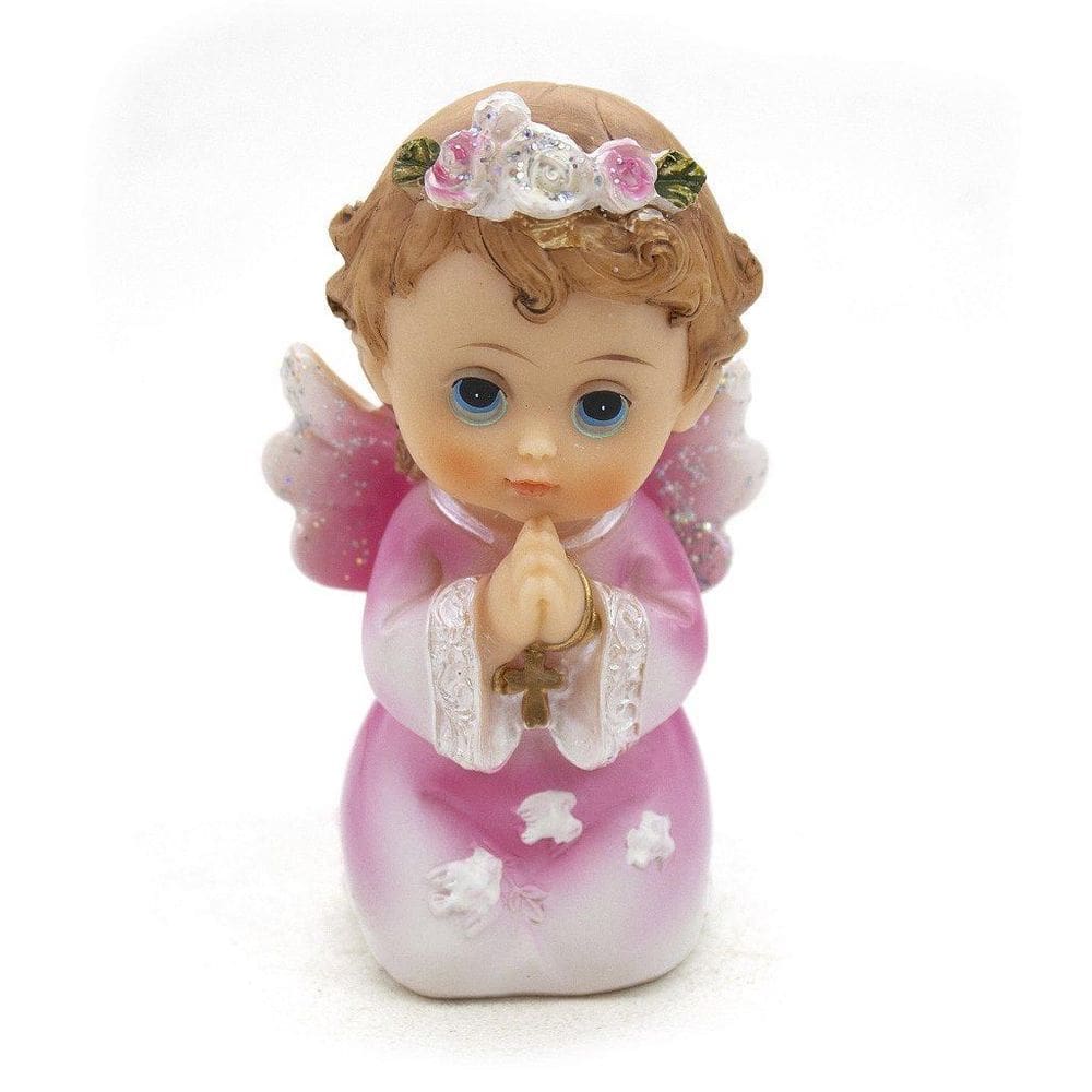Imagem Anjo Da Guarda Rezando Rosa Importado Resina 9 Cm
