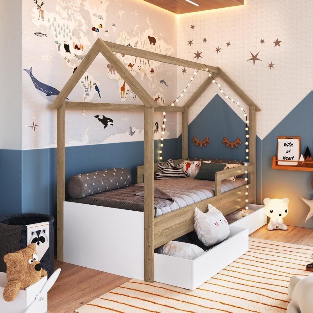 Cama Infantil Montessoriana Casinha Solteiro Gavetas com Roda Aveiro Oak com Branco