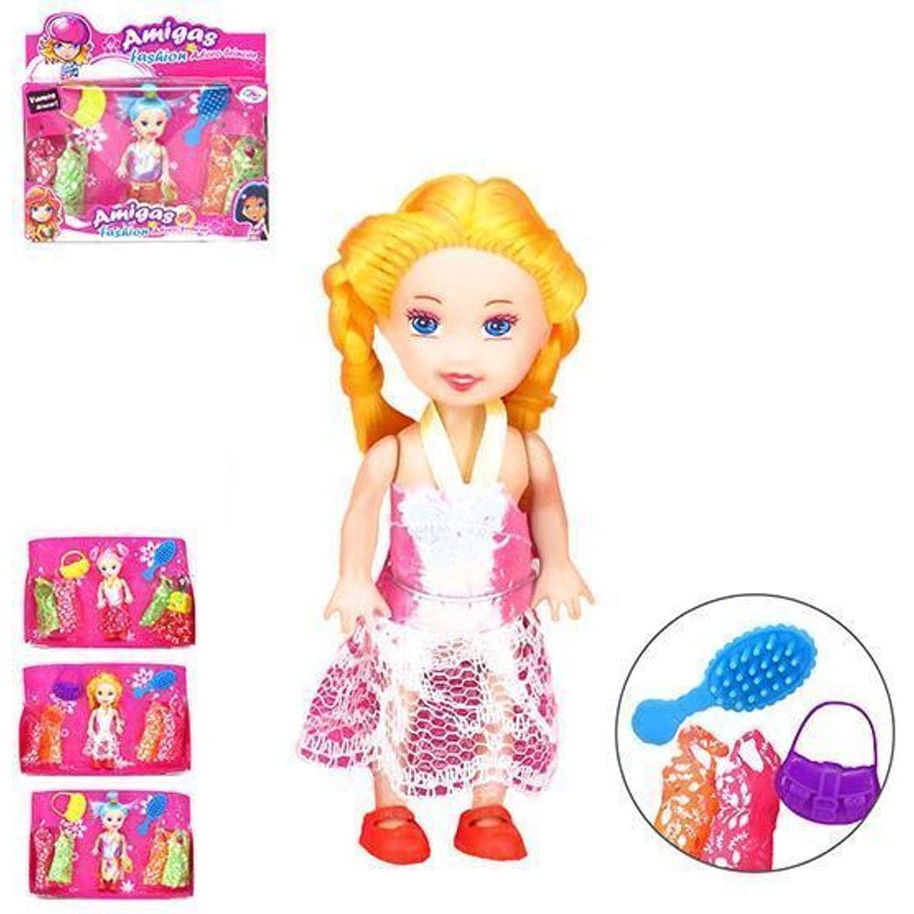 Boneca Troca Vestido De Tecido Com Bolsa + Escova 7 Pecas