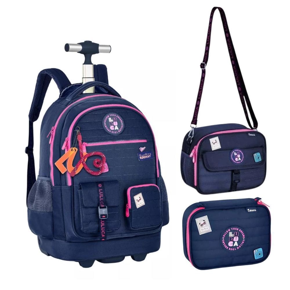 Kit Mochila De Carrinho Lancheira E Estojo Box Azul Luluca